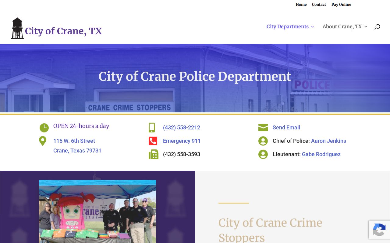 Crane Police Department webpage for Crane arrest-record and booking-photo contact information